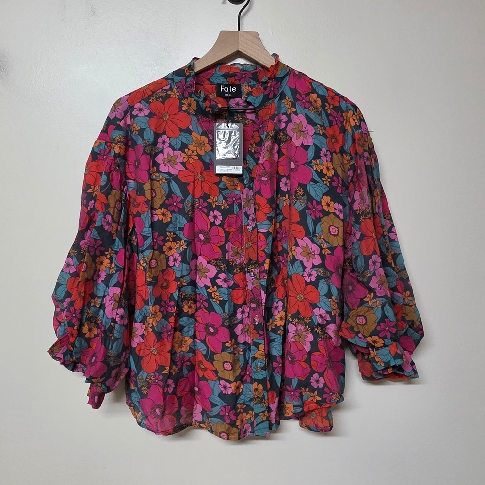 Fate Floral Print Bubble Sleeve Blouse Teal Fuchsia Boho Ruffle Neck Small NEW
